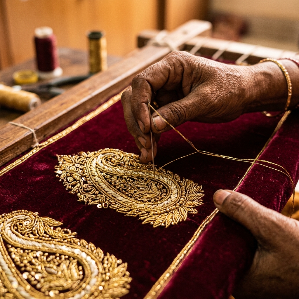 Master artisan hand-embroidering intricate zardozi goldwork on deep maroon fabric